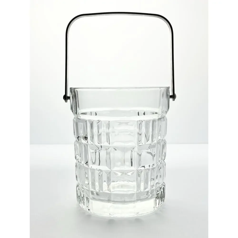 1980s Vintage Geometric Square Grid Plaid French Glass Ice Bucket 5 1/4” Barware